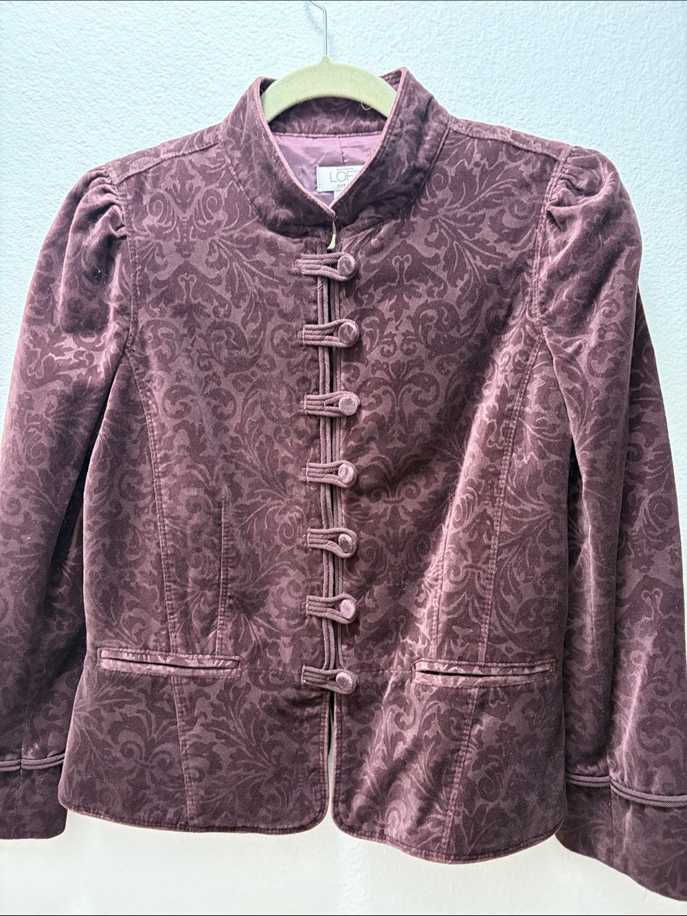 LOFT Mauve Velvet Mandarin Collar Blazer with Frog Closures
